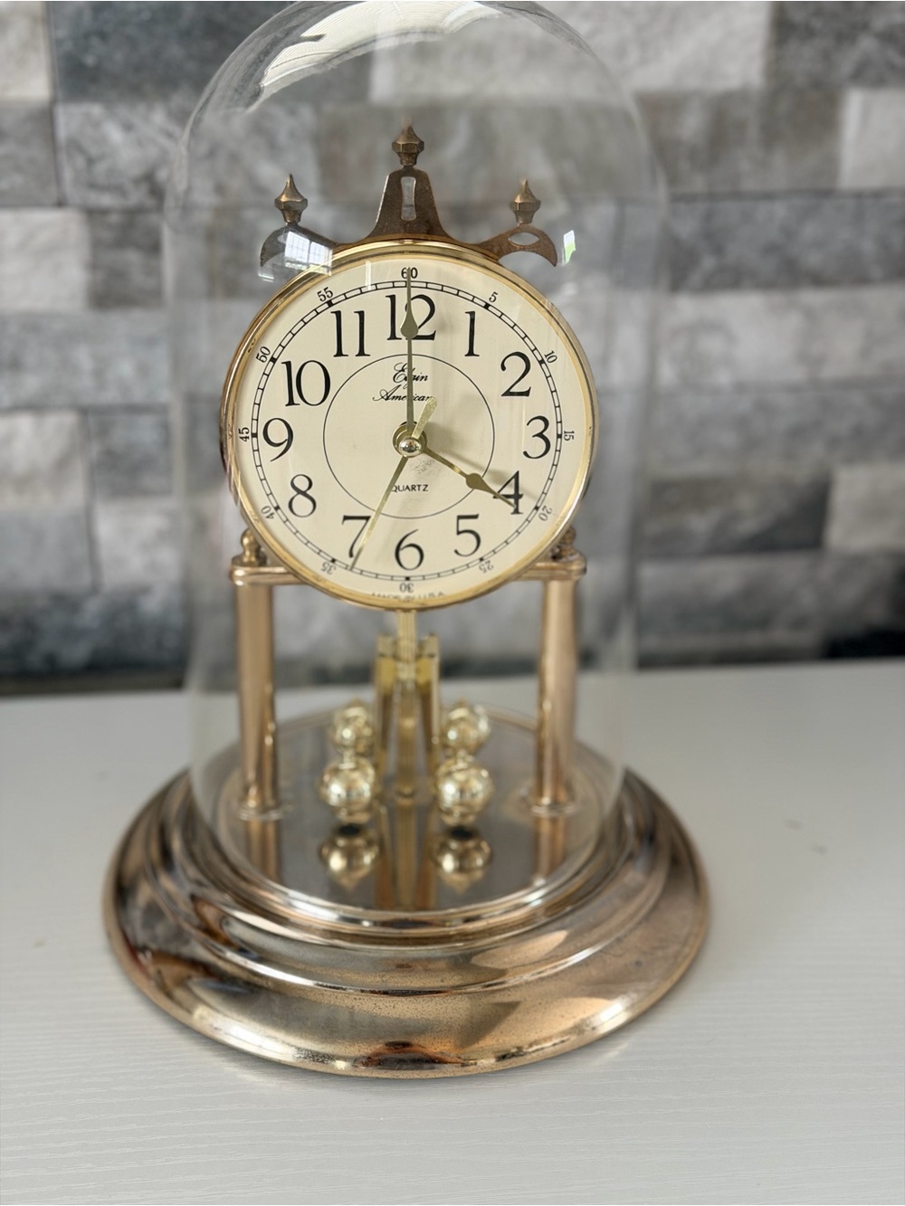 Vintage Elgin American Quartz Anniversary Ornate Gold Clock Glass Dome Works